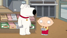 a cartoon of a dog and a boy standing next to each other in a store