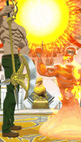 a man with a sword and shield stands next to a man with flames coming out of his body