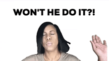 a woman is making a funny face with her eyes closed and her hand up in the air .