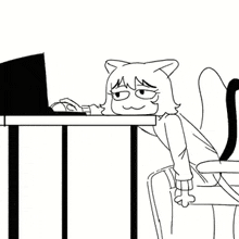 a black and white drawing of a cat girl sitting at a desk looking at a laptop computer .