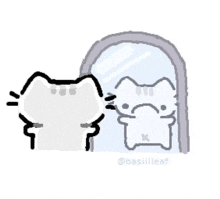 a cat is looking at itself in a mirror and seeing a sad reflection .
