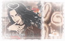 a cartoon of a man with long hair and a heart on his head is in a frame .