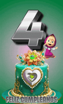 a birthday card with masha and the bear and the number four