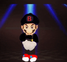 a cartoon character wearing a black hat with a red letter b on it