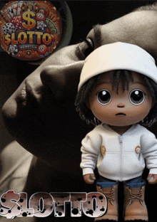 a doll in front of a sign that says slotto