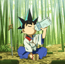 a cartoon character is drinking from a bottle with the letter m on the label
