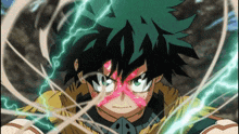 a cartoon of a boy with green hair and red eyes