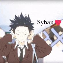 a boy in a suit and tie is holding his hands to his ears and the word sybau is above him .