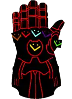 a black and red glove with smiley faces on the fingers