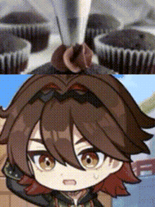 a close up of a person 's head with a cupcake in the background