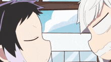 a cartoon of a boy with purple hair and a boy with white hair kissing