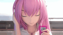 a cartoon girl with pink hair is listening to music
