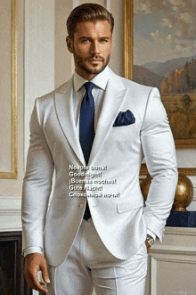 a man in a white suit and blue tie says good night
