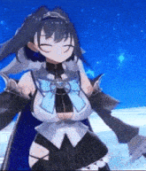 a girl with a bow on her head is standing in front of a blue sky with stars .