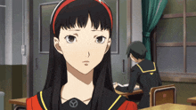 a girl with long black hair and a red headband