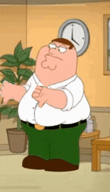 peter griffin from family guy is giving a thumbs up in front of a clock