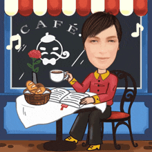 a cartoon of a woman sitting at a cafe table