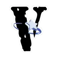 a sticker of the letter v with a star and a ring around it .