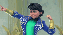 a cartoon character wearing a blue jacket and a green shirt is smiling and pointing