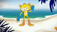 a cartoon cat mascot is standing on a beach waving his hand .