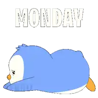 a blue penguin is laying on its back with the word monday written above it