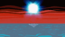 a pixel art of a sunset over a body of water with a giant explosion in the distance .