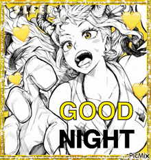 a black and white drawing of a girl with the words good night written on it