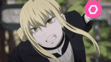 a girl with blonde hair is holding a pink object with an o in it