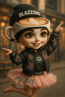 a little girl wearing a hat that says blazzord
