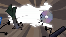 a cartoon drawing of a cd being thrown by a sword
