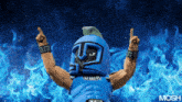 a blue mascot with the word mosh on the bottom left