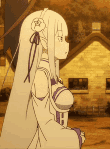 a girl with long white hair and a flower in her hair is standing in front of a building