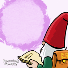 a gnome reading a book with the words knowing gnome below him