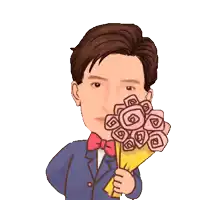 a cartoon of a man in a suit holding a bouquet of roses