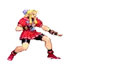a pixel art of a girl in a red dress and shorts is standing on a white background .