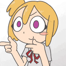 a cartoon drawing of a girl with big eyes pointing at something