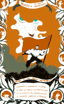 a drawing of a man holding a flag that says mandos on the top