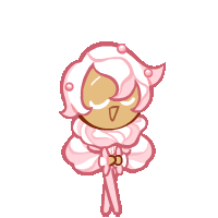 a pixel art drawing of a cotton candy cookie with a bow around her neck .