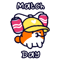 a cartoon drawing of a dog wearing a yellow hat and holding two cans of soda