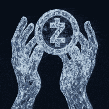 a drawing of a person holding a coin with the letter z on it