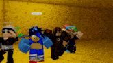 a group of cartoon characters are standing in front of a wall of cheese
