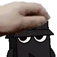 a cartoon character with a hat on has a hand on top of it .