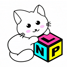 a drawing of a cat sitting on a block with the letter np on it