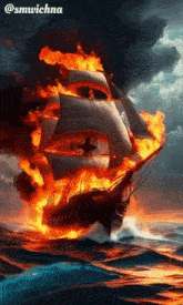 a painting of a burning sailboat in the ocean