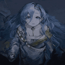 a drawing of a girl with long blue hair and a glowing object in front of her face