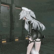 a girl with white hair is standing in front of a sign that says ' 01 '