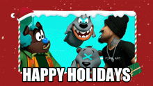 a happy holidays greeting card with cartoon characters on it