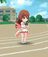 a girl in a pink dress is standing on a track in front of a school