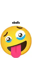 a yellow smiley face with a pink tongue sticking out and the words " nballs " below it
