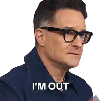 a man wearing glasses says i 'm out in front of a white background